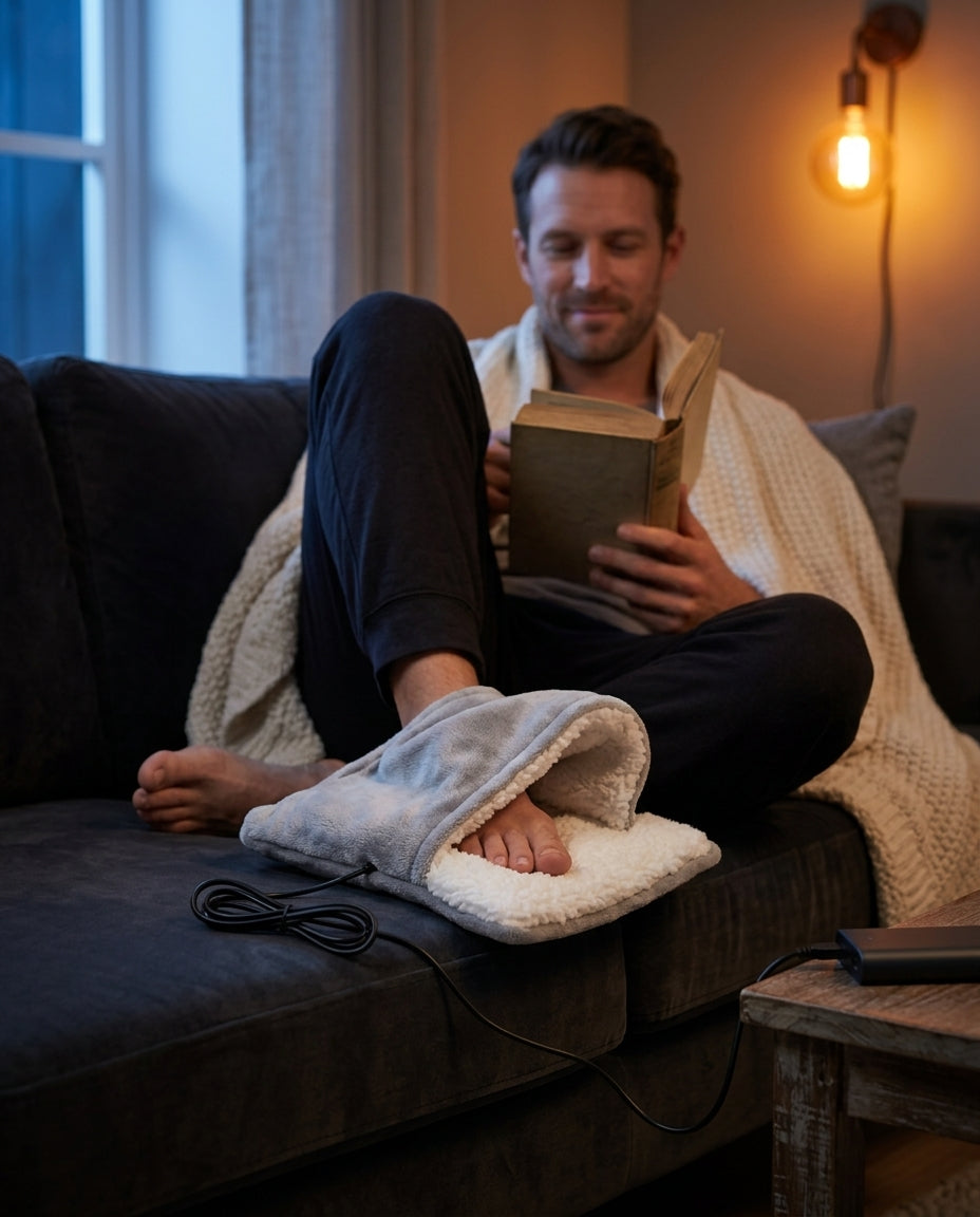 Man using the USB foot warmer with sherpa lining on the sofa
