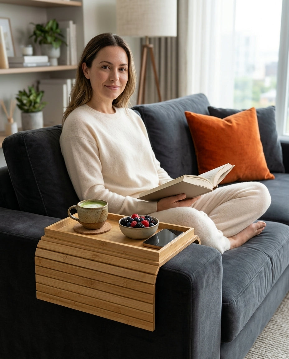 Bamboo Sofa Armrest Tray – Foldable Rest for Your Mug, Book and Remote – product image 2
