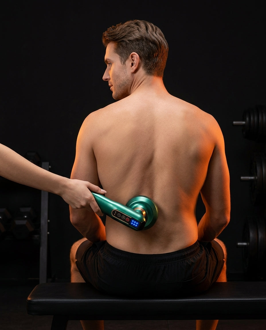 Appareil de ventouses avec chaleur et poignée – homme tenant l'appareil contre son dos