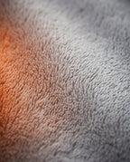 Close-up of the grey plush outer fabric of the USB foot warmer