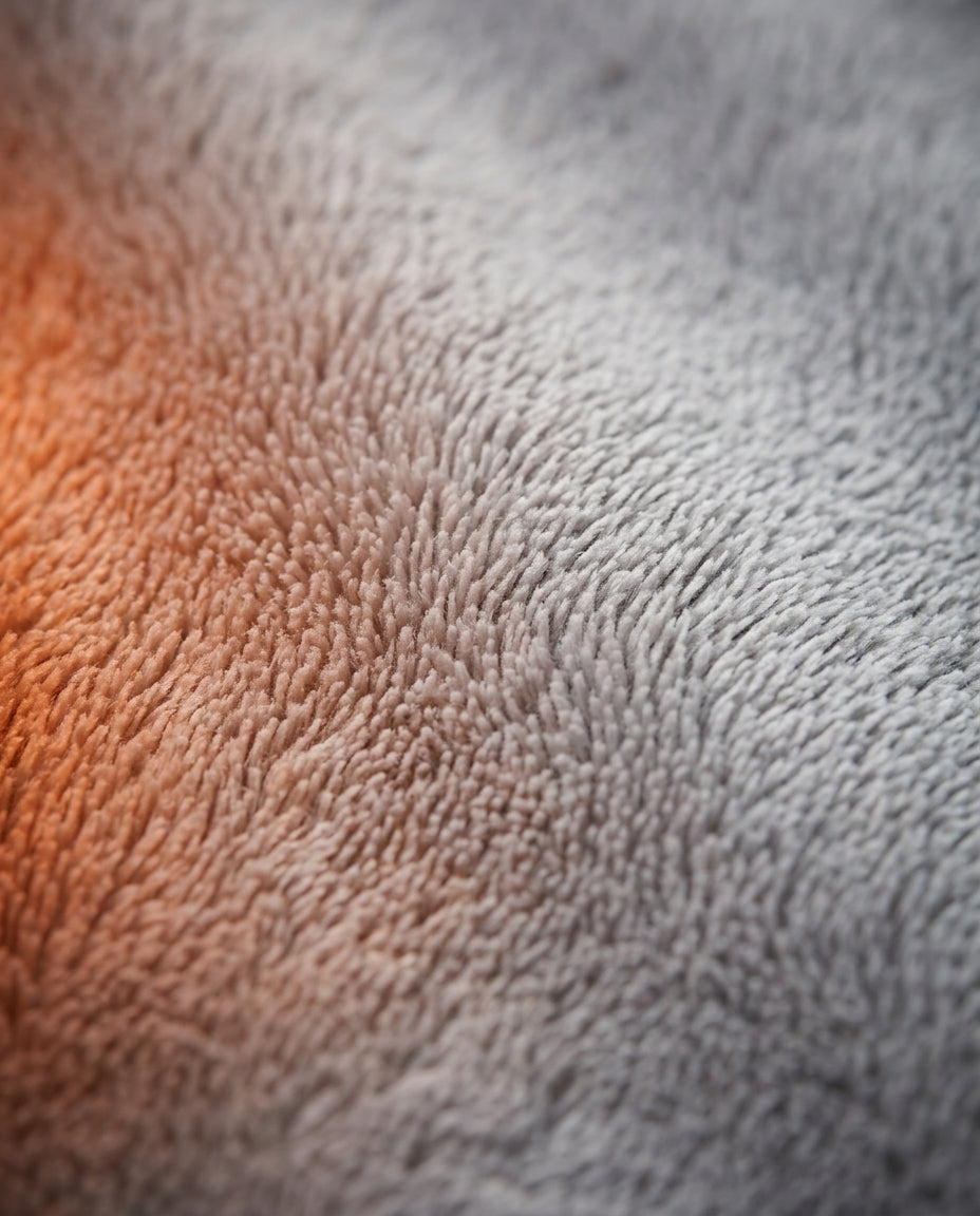Close-up of the grey plush outer fabric of the USB foot warmer