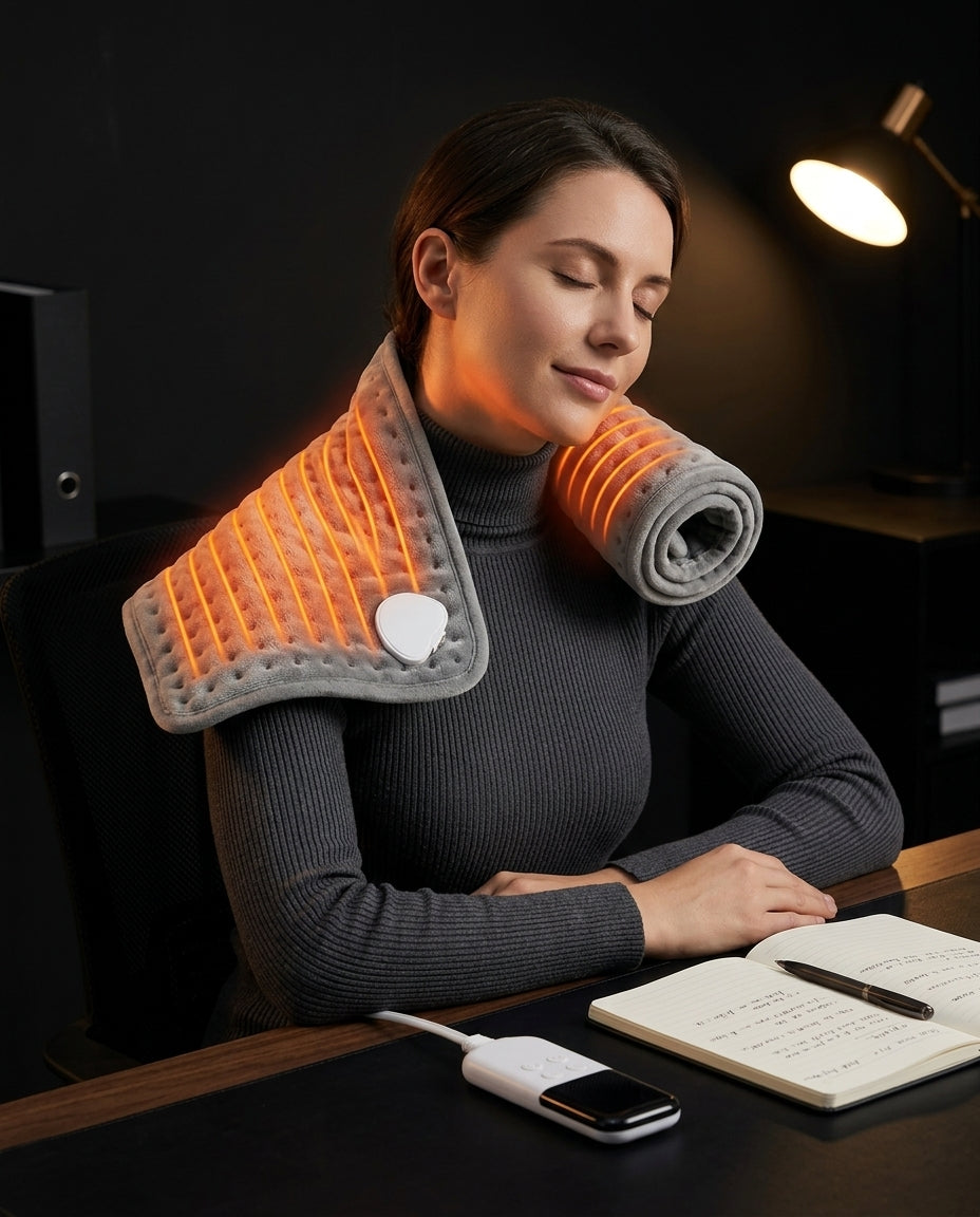 Femme avec le coussin chauffant électrique sur la nuque et les épaules