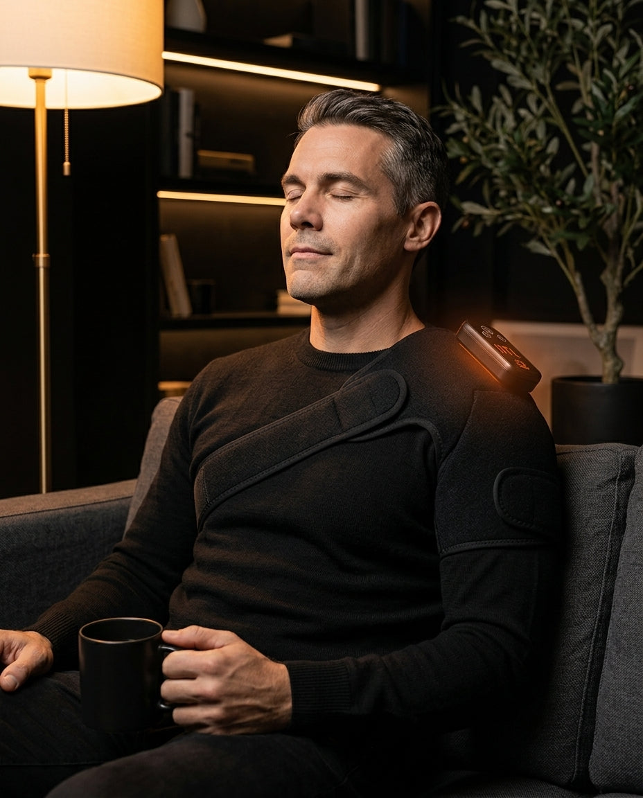 Man wearing the PyreFit heated shoulder wrap on the sofa