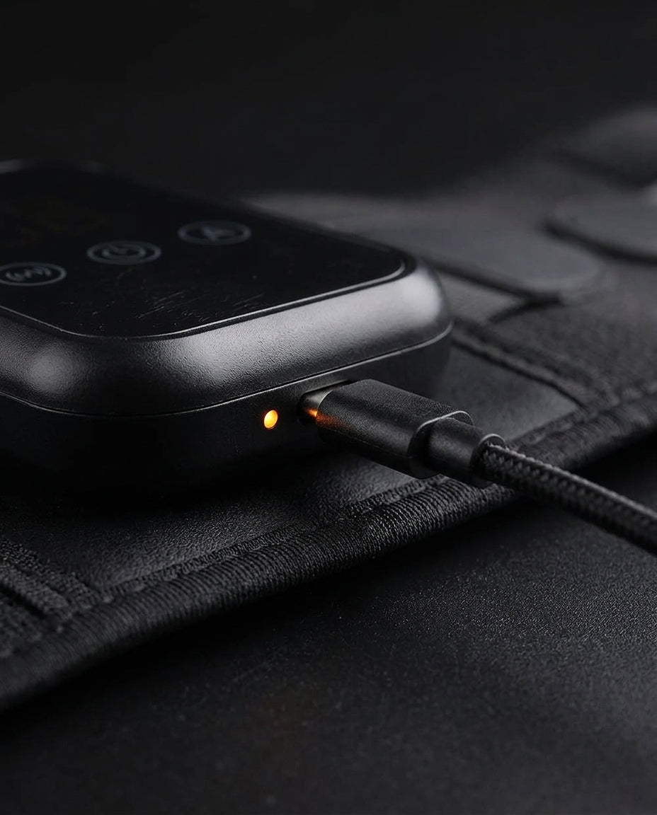 Cordless heated massage belt – close-up of the charging port