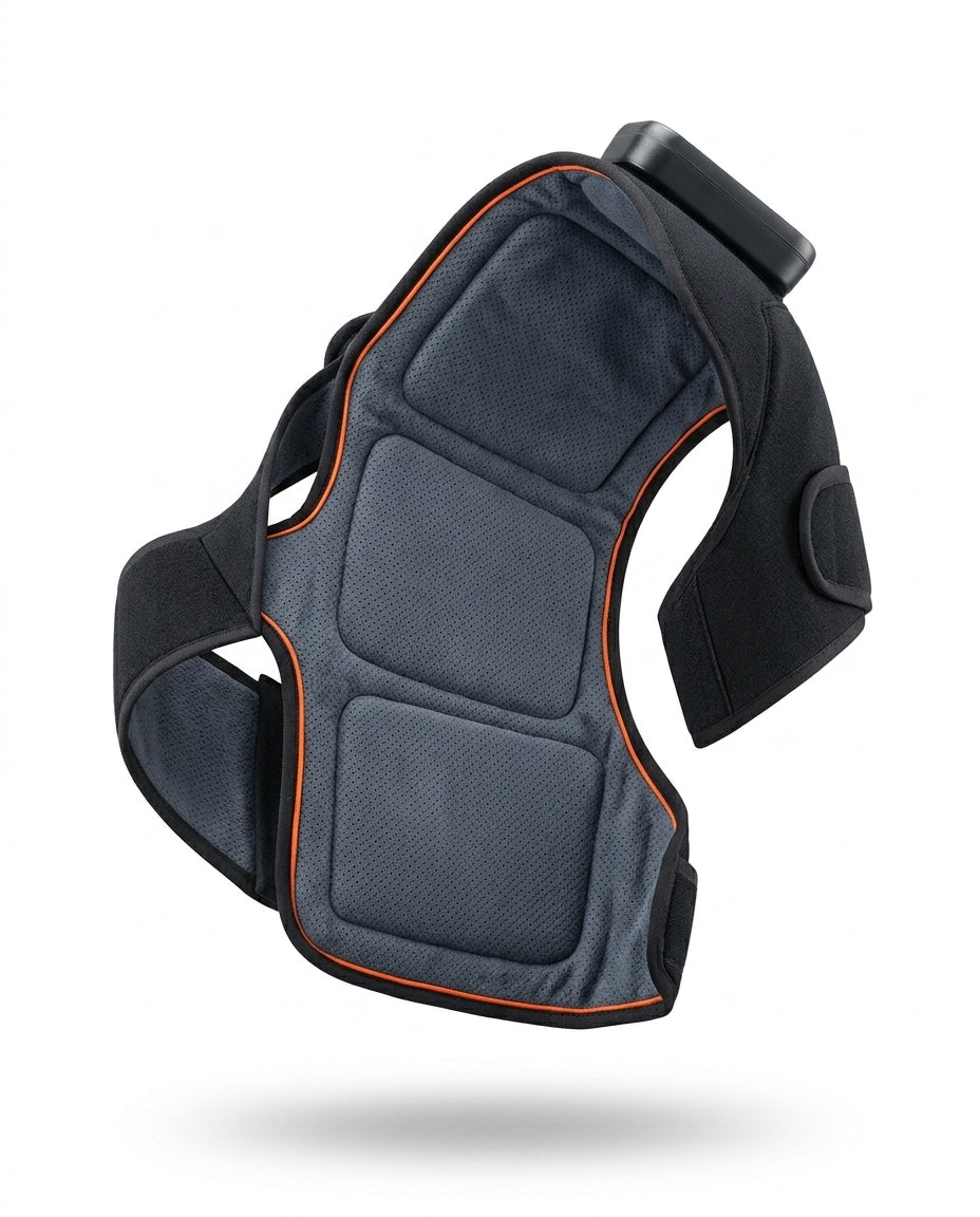 Inside of the opened heated shoulder wrap with strap