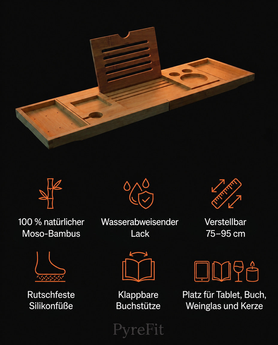 Bamboo Bathtub Caddy – Extendable with Room for a Book, Tablet, Glass and Candles – product image 8