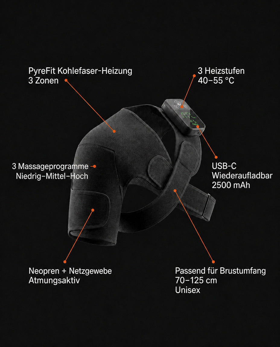 Infographic on the design and features of the heated shoulder wrap