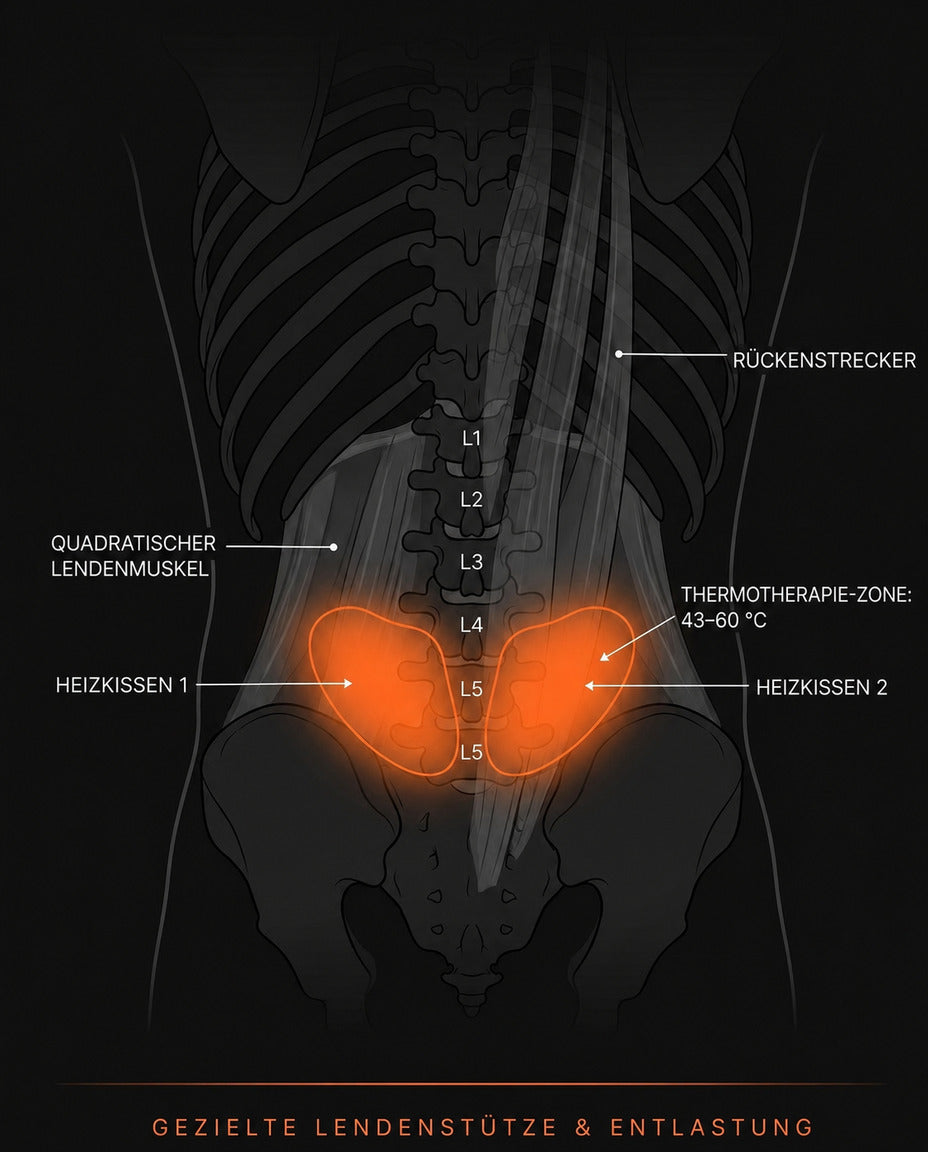 Cordless heated massage belt – graphic showing the position on the lower back
