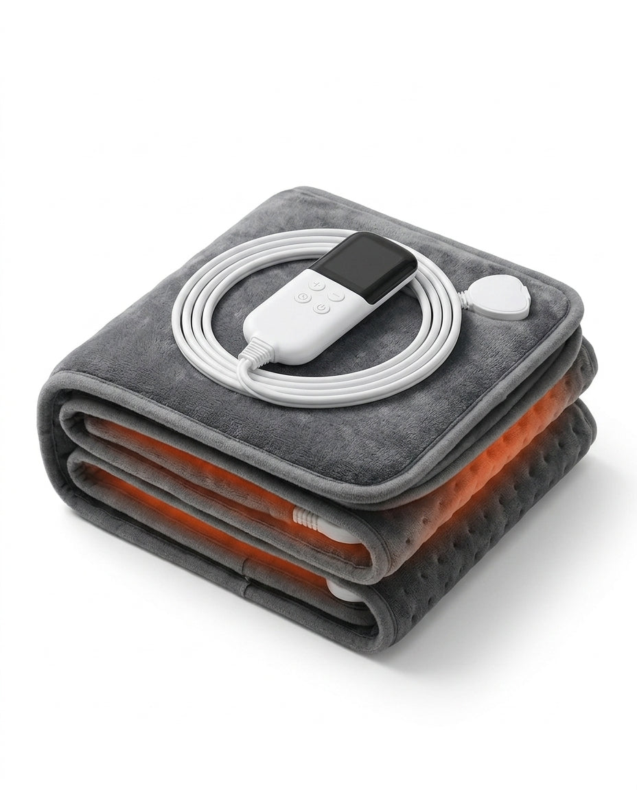 Coussin chauffant électrique plié avec le régulateur posé dessus