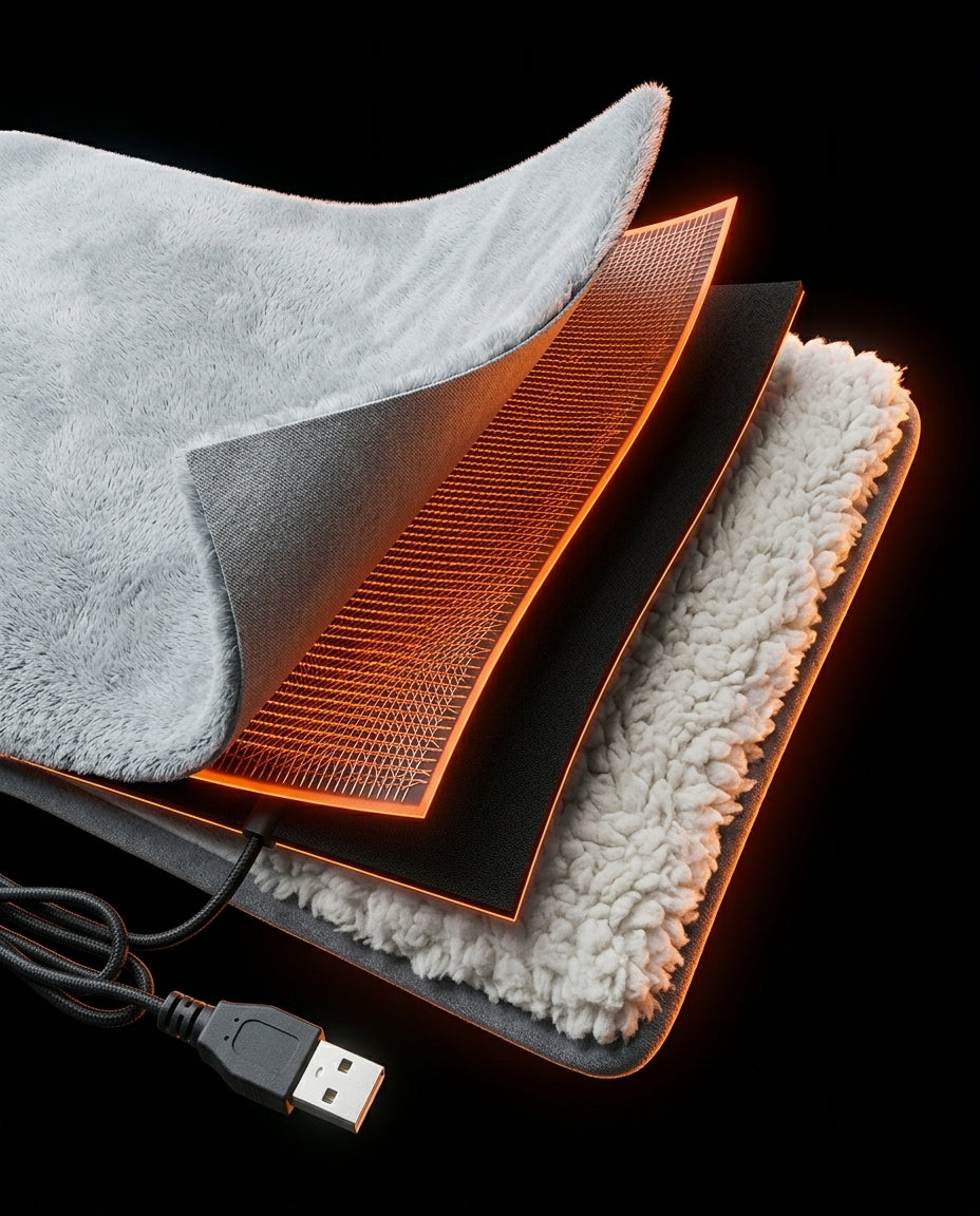 Graphic of the multi-layer construction of the USB foot warmer with sherpa lining