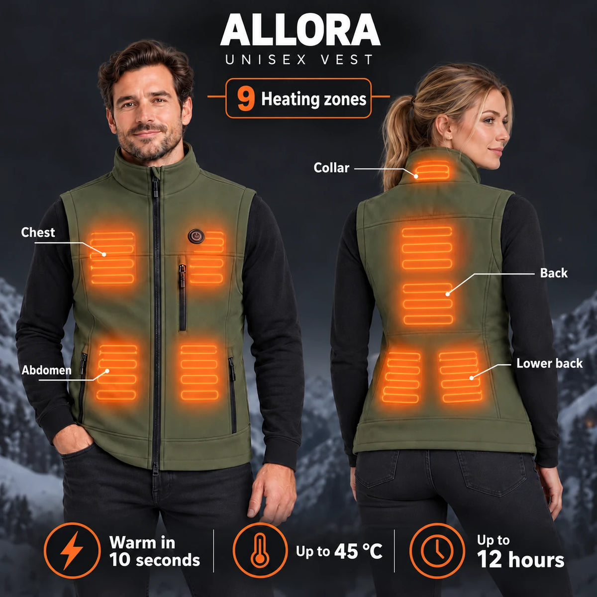 Unisex heated vest PyreFit Allora: 9 heating zones across the neck, chest, abdomen, back and lower back