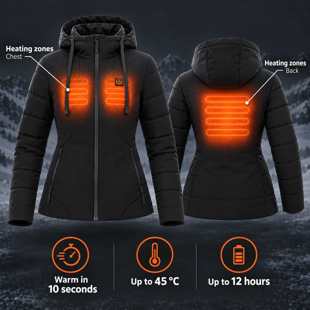 Women's heated jacket PyreFit Alpina: heating zones across the chest and back