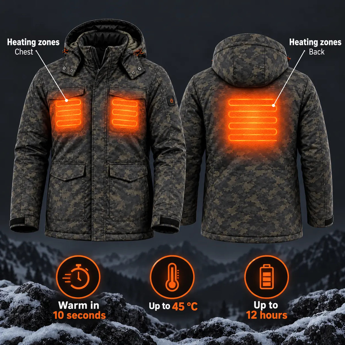 Men's heated camo jacket PyreFit Alpino: heating zones across the chest and back