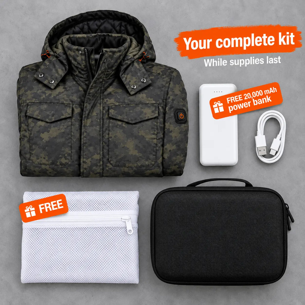 Complete Set: Alpino, 20,000 mAh power bank, charging cable, laundry bag and storage bag