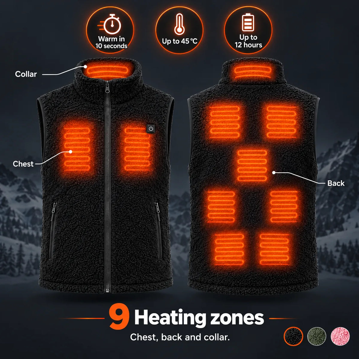 Heated sherpa vest PyreFit Amparo: 9 heating zones across the chest, back and collar