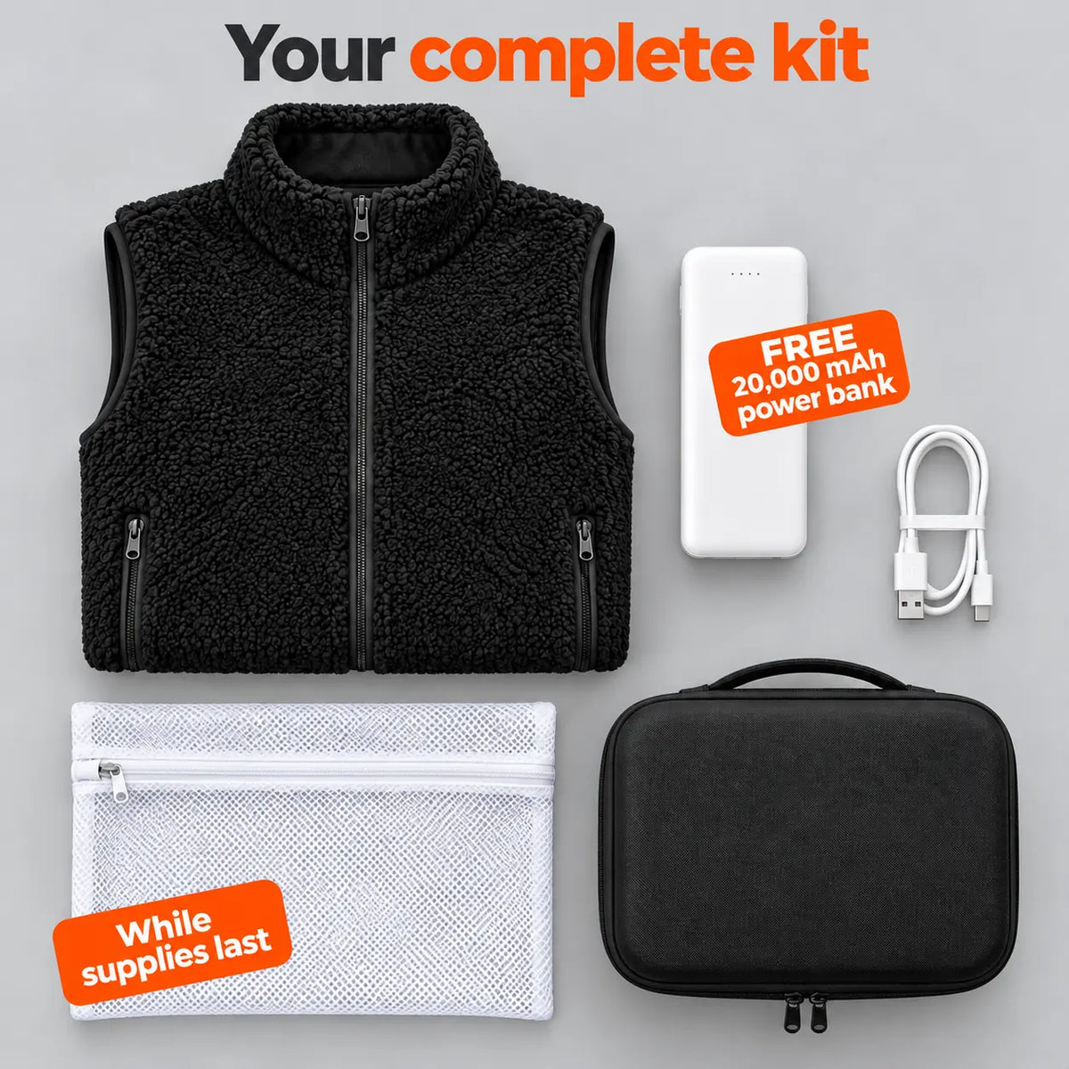 Complete Set: Amparo, 20,000 mAh power bank, charging cable, laundry bag and storage bag