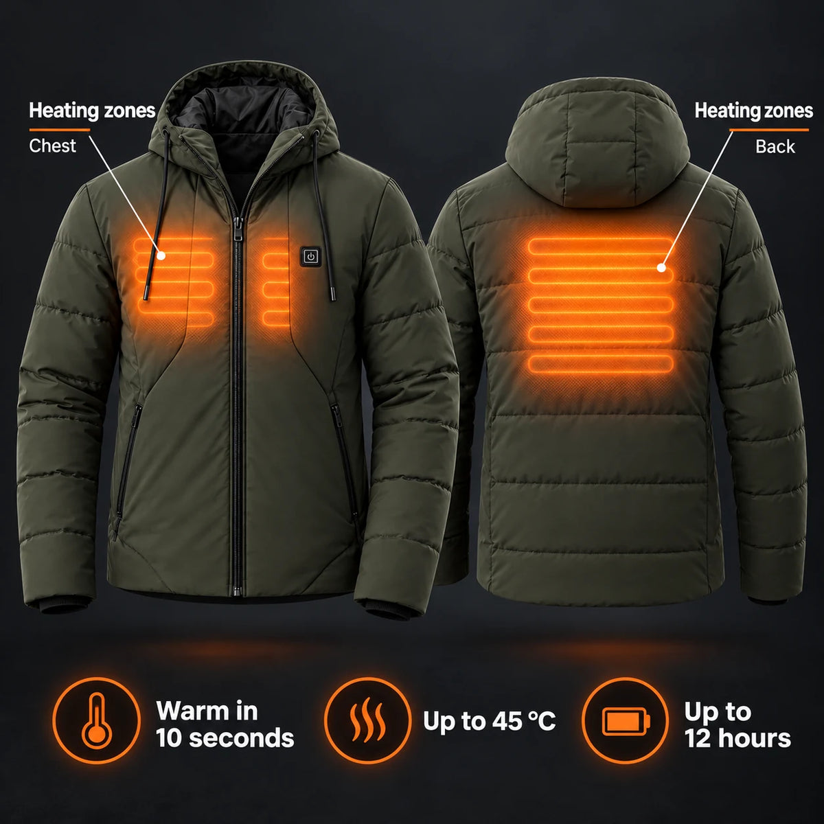 Men's heated jacket PyreFit Apexia: heating zones across the chest and back