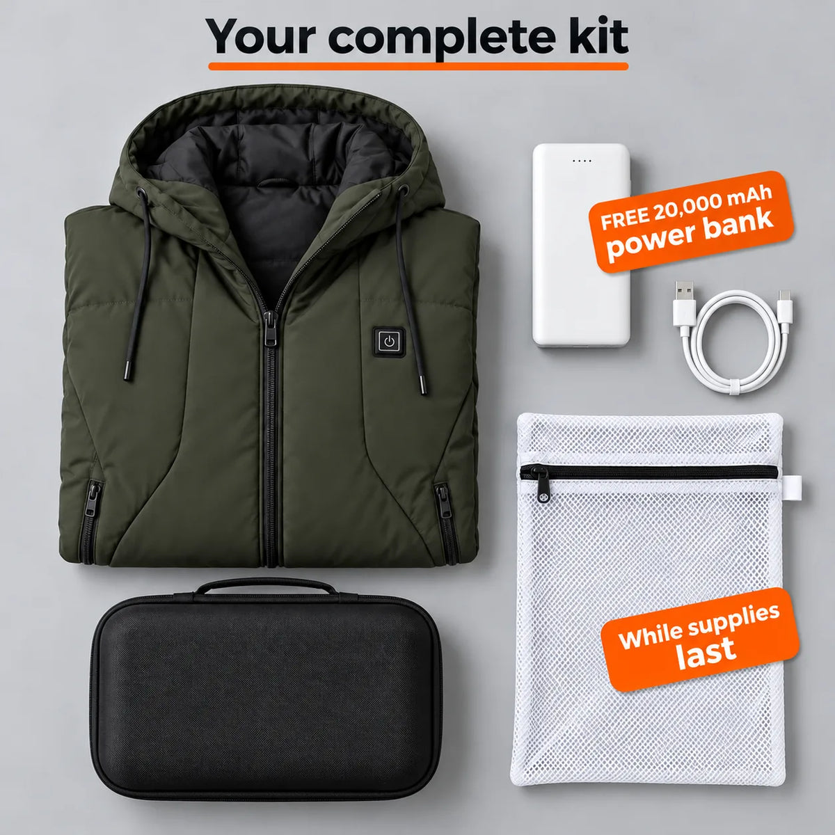 Complete Set: Apexia, 20,000 mAh power bank, charging cable, laundry bag and storage bag