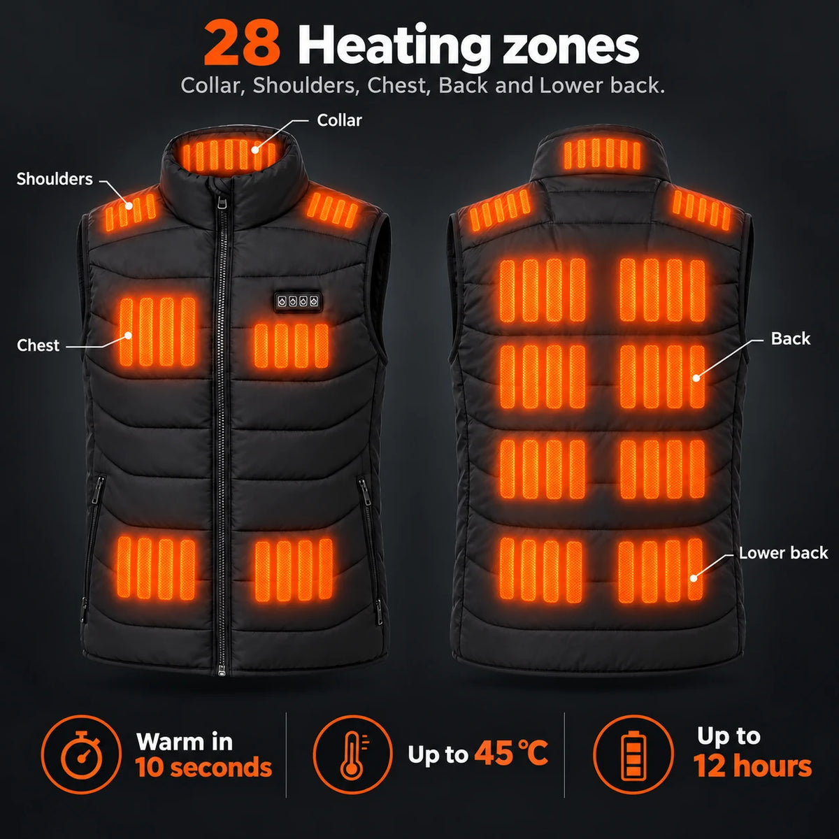 Unisex heated vest PyreFit Aurina: 28 heating zones across the collar, shoulders, chest, back and lower back