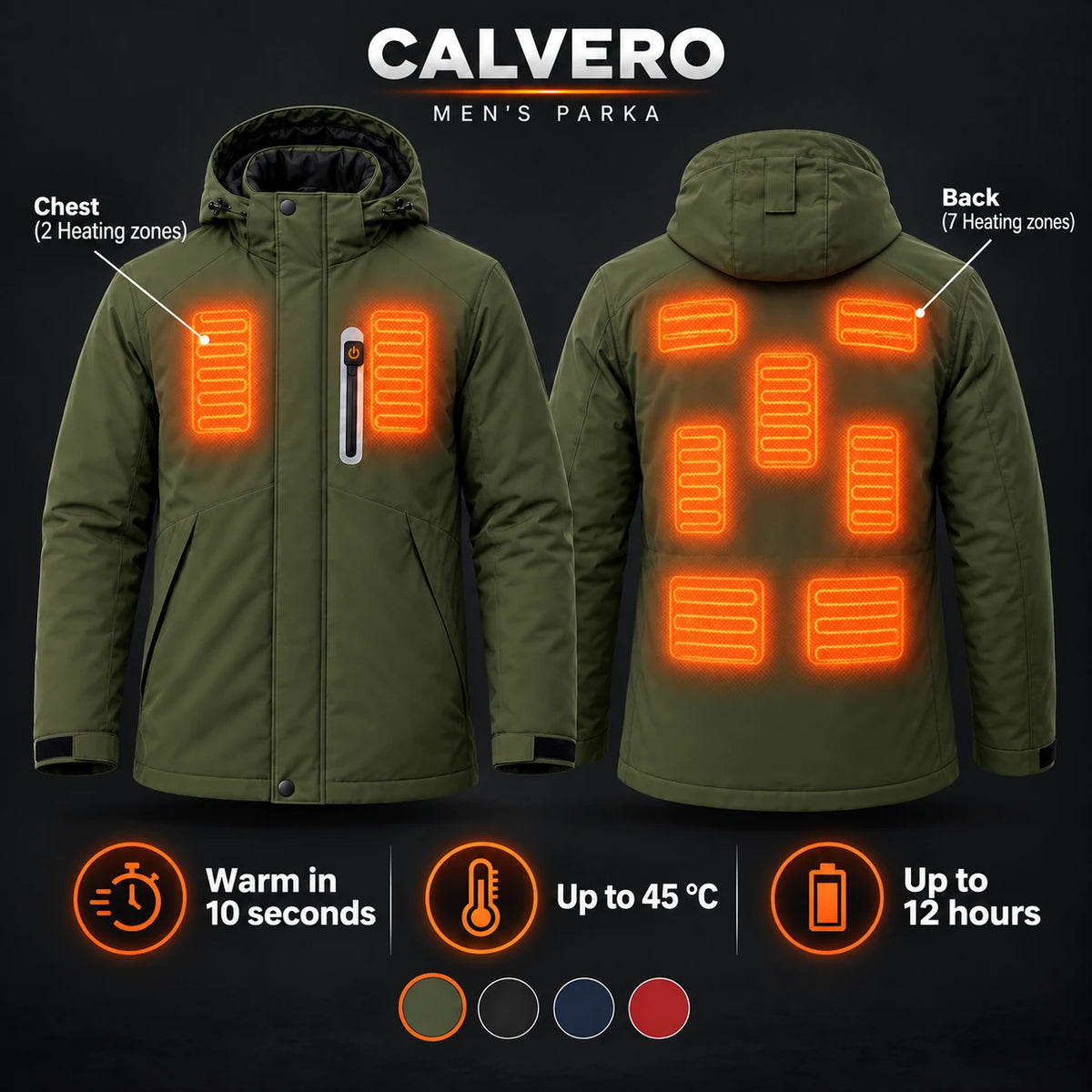 Men's heated parka PyreFit Calvero: 9 heating zones across the chest and back