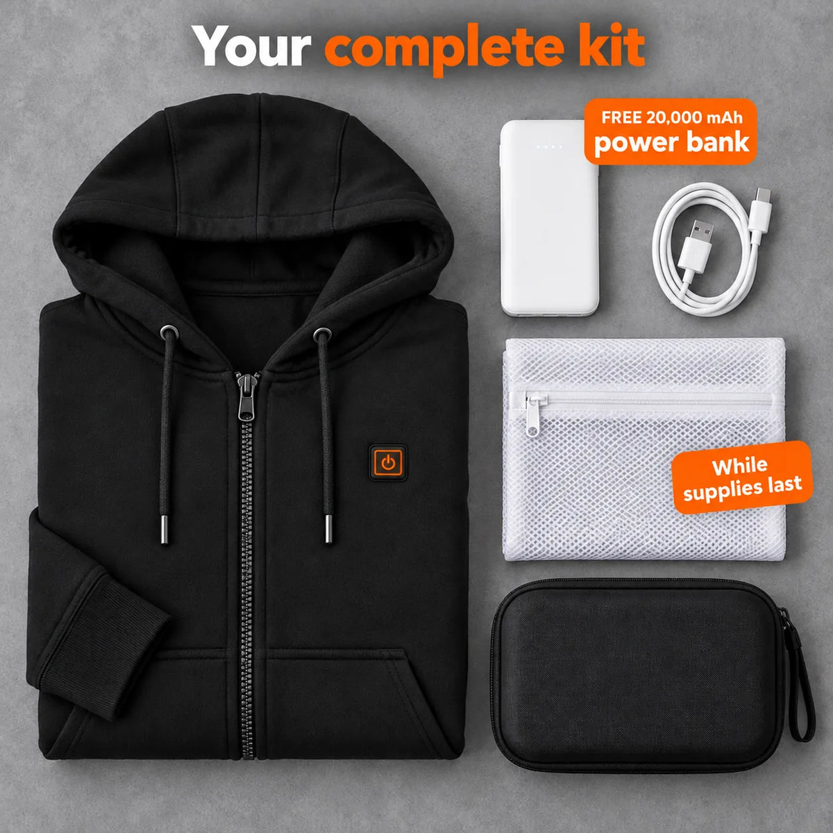 Complete Set: Cosaro, 20,000 mAh power bank, charging cable, laundry bag and storage bag