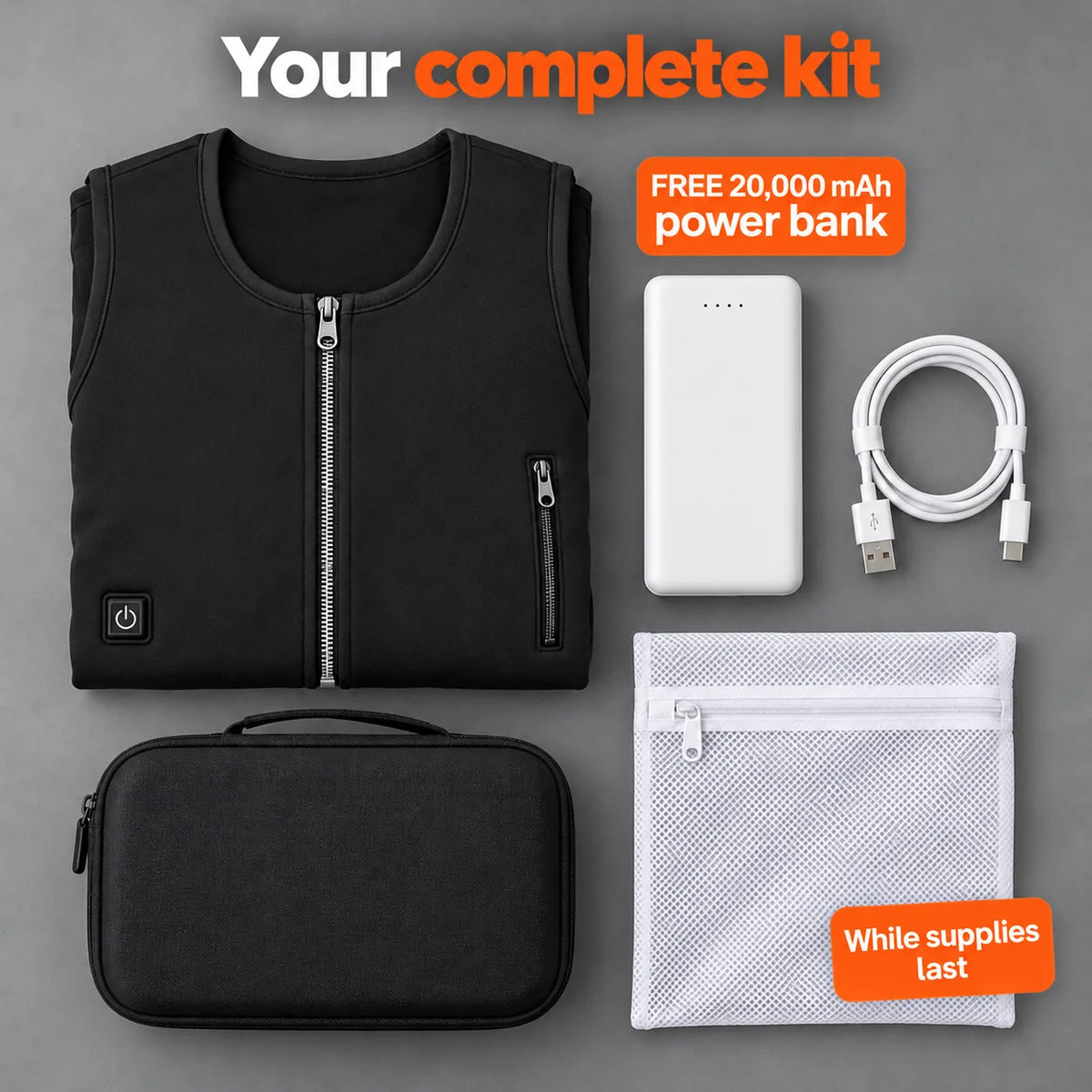 Complete Set: Duvaro, 20,000 mAh power bank, charging cable, laundry bag and storage bag