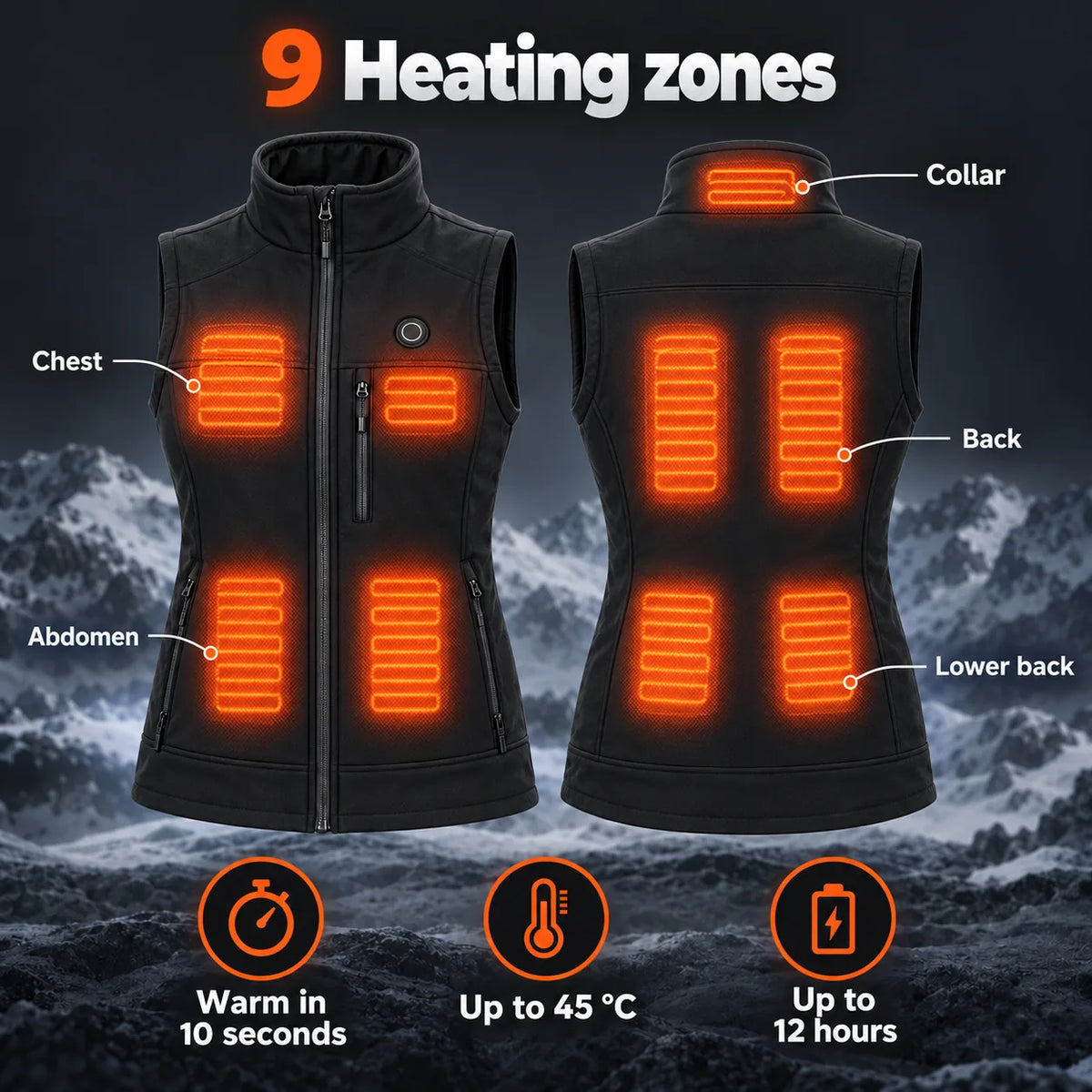 Women's heated vest PyreFit Elaressa: 9 heating zones across the neck, chest, abdomen, back and lower back