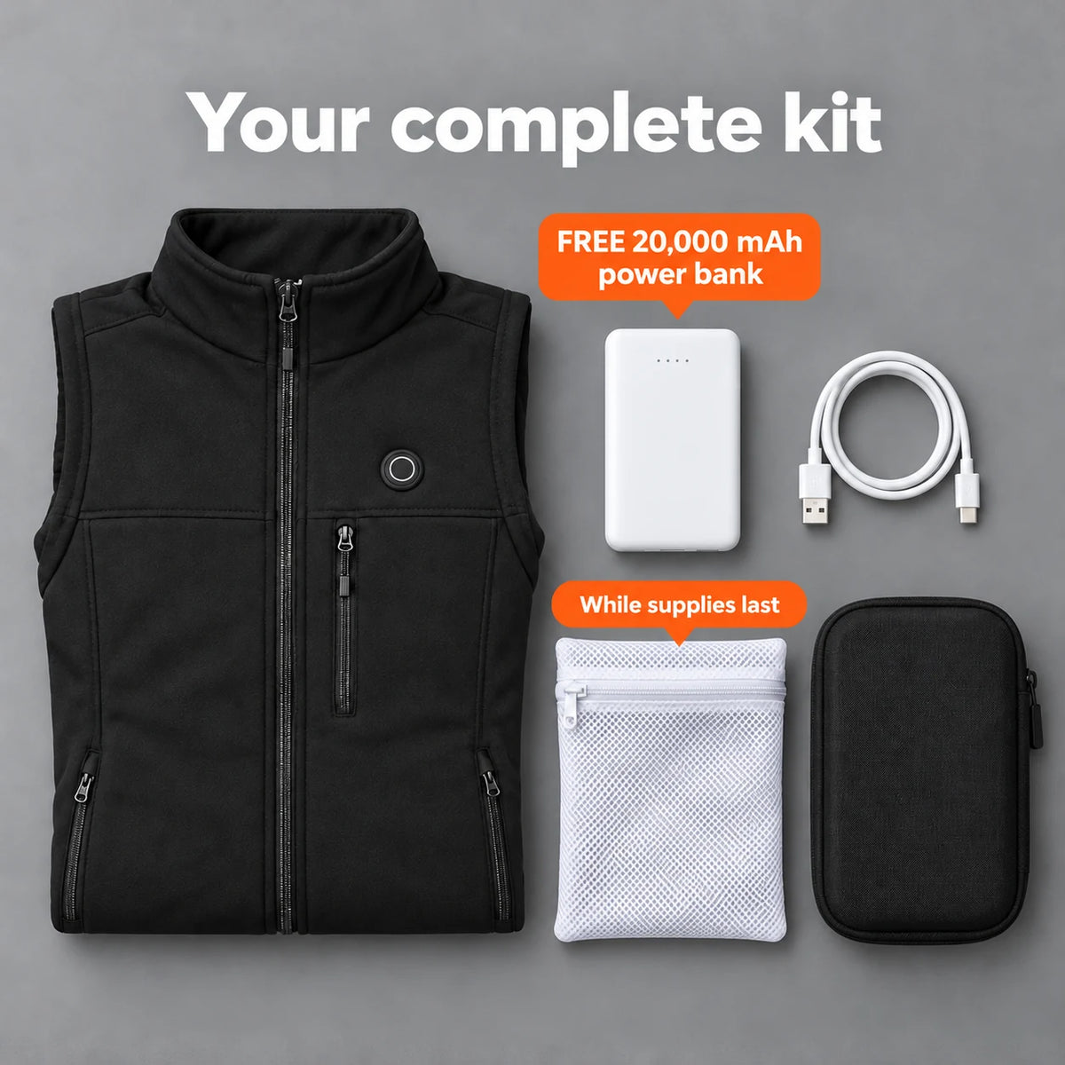 Complete Set: Elaressa, 20,000 mAh power bank, charging cable, laundry bag and storage bag