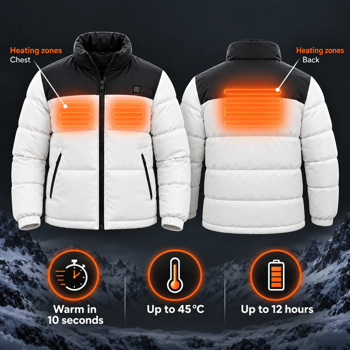 Heated puffer jacket PyreFit Elaron: heating zones across the chest and back