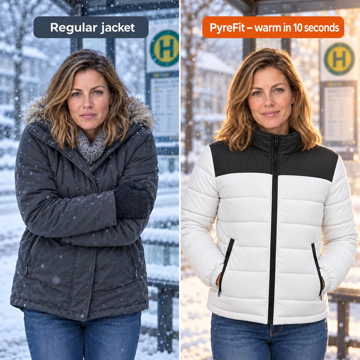 Comparison: regular winter jacket and Expelia with heating