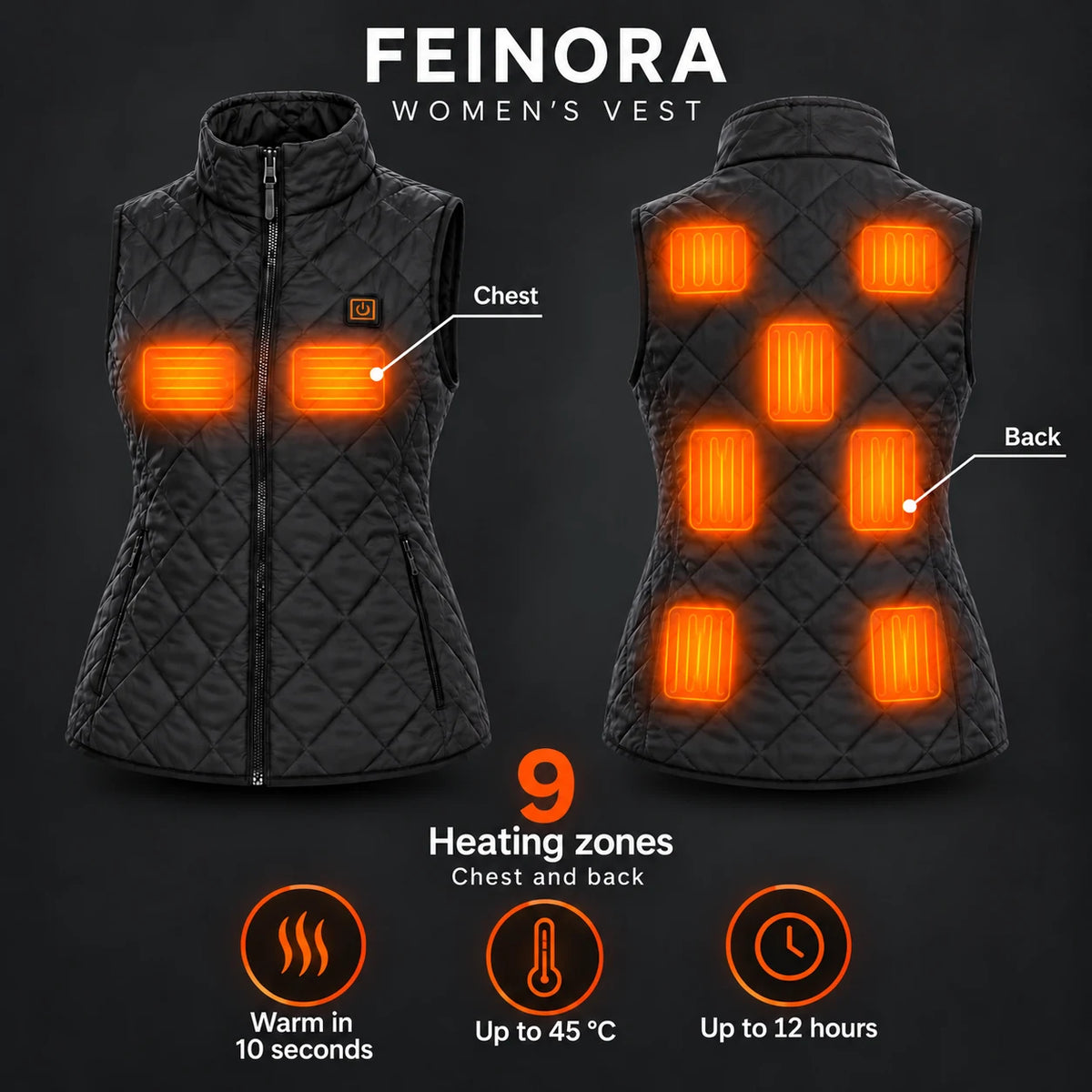Women's heated vest PyreFit Feinora: 9 heating zones across the chest and back