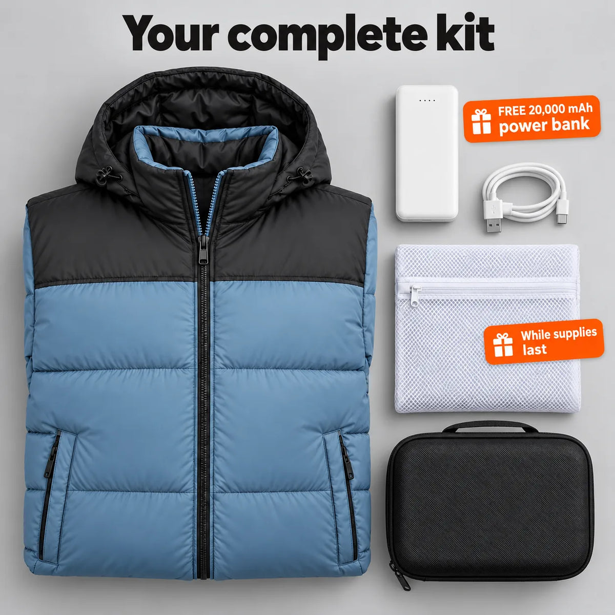 Complete Set: Gletor, 20,000 mAh power bank, charging cable, laundry bag and storage bag