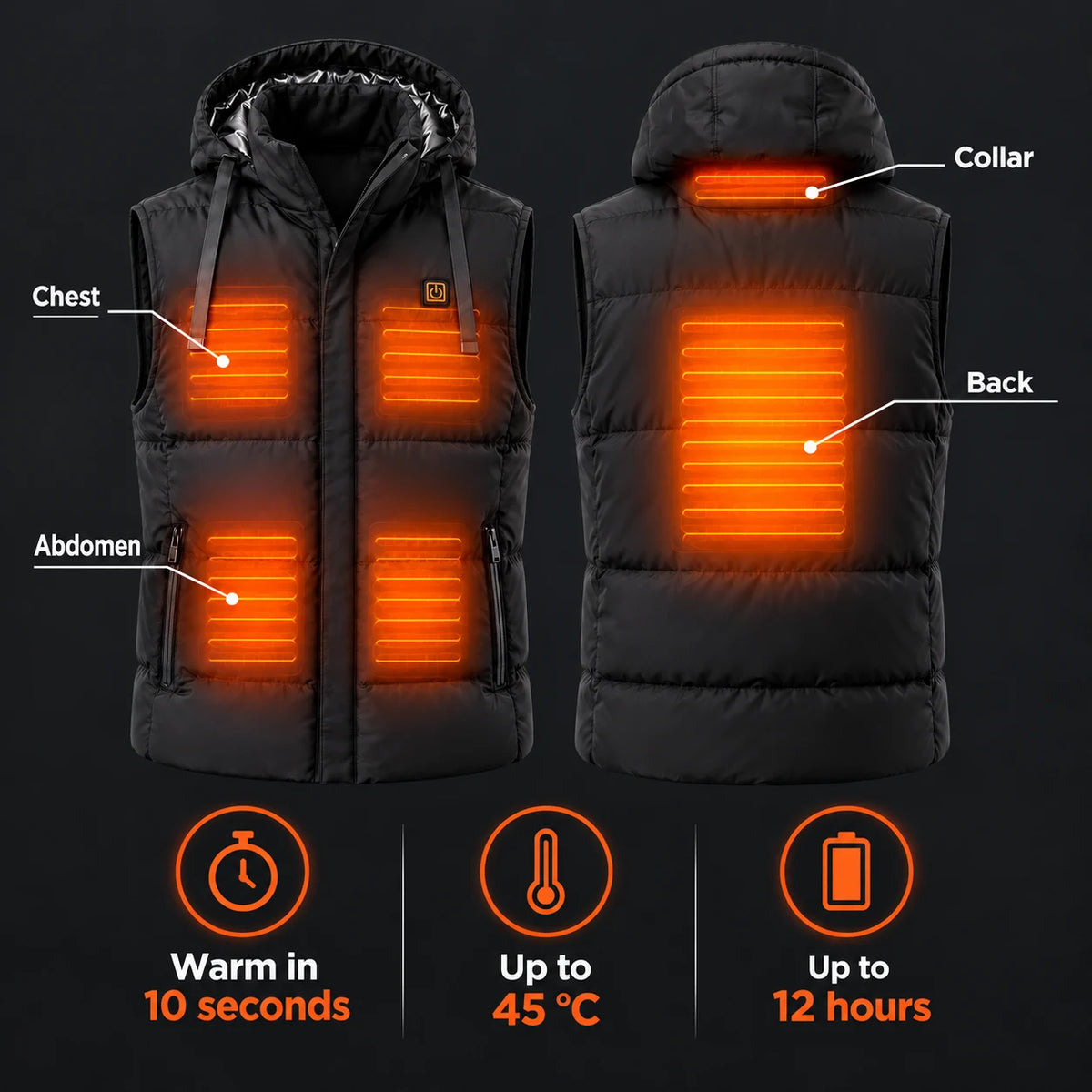 Unisex heated hooded vest PyreFit Horizonor: heating zones across the chest, abdomen, neck and back