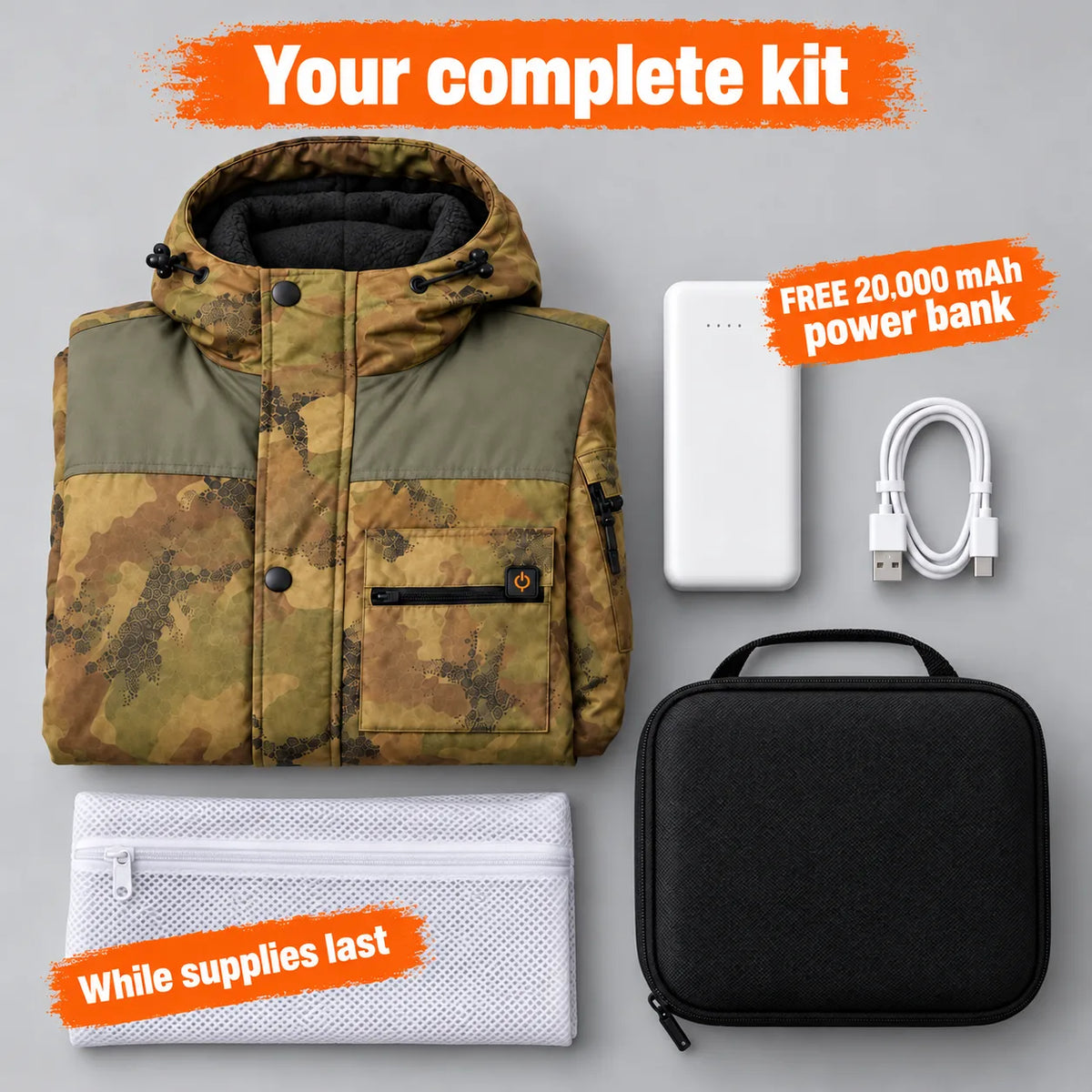 Complete Set: Mistro, 20,000 mAh power bank, charging cable, laundry bag and storage bag