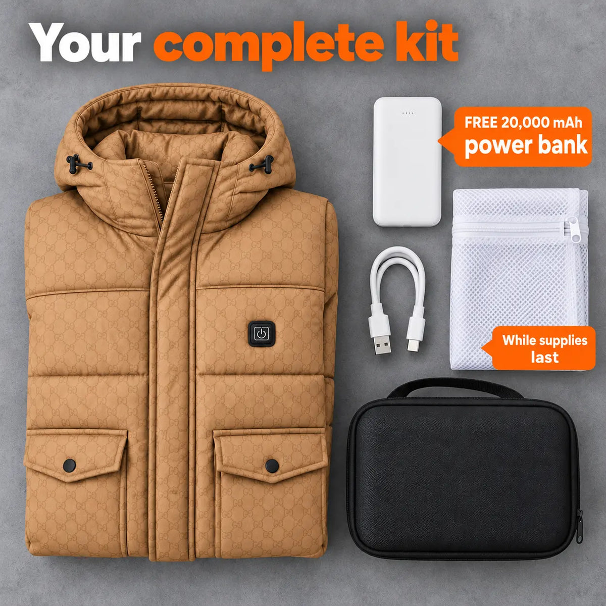 Complete Set: Orielle, 20,000 mAh power bank, charging cable, laundry bag and storage bag