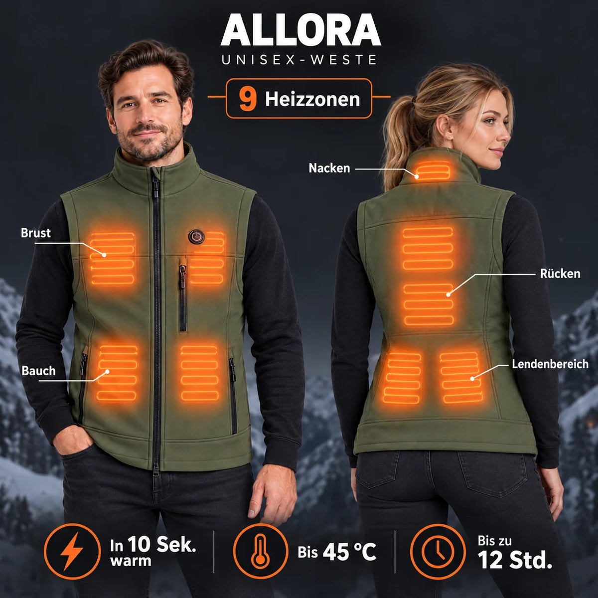 Veste chauffante sans manches unisexe PyreFit Allora : 9 zones chauffantes à la nuque, à la poitrine, au ventre, au dos et au bas du dos