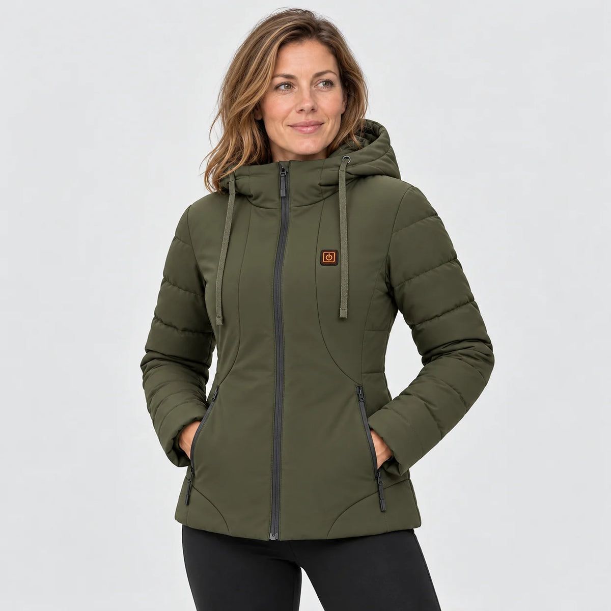 Manteau chauffant pour femme PyreFit Alpina en vert olive, vue de face