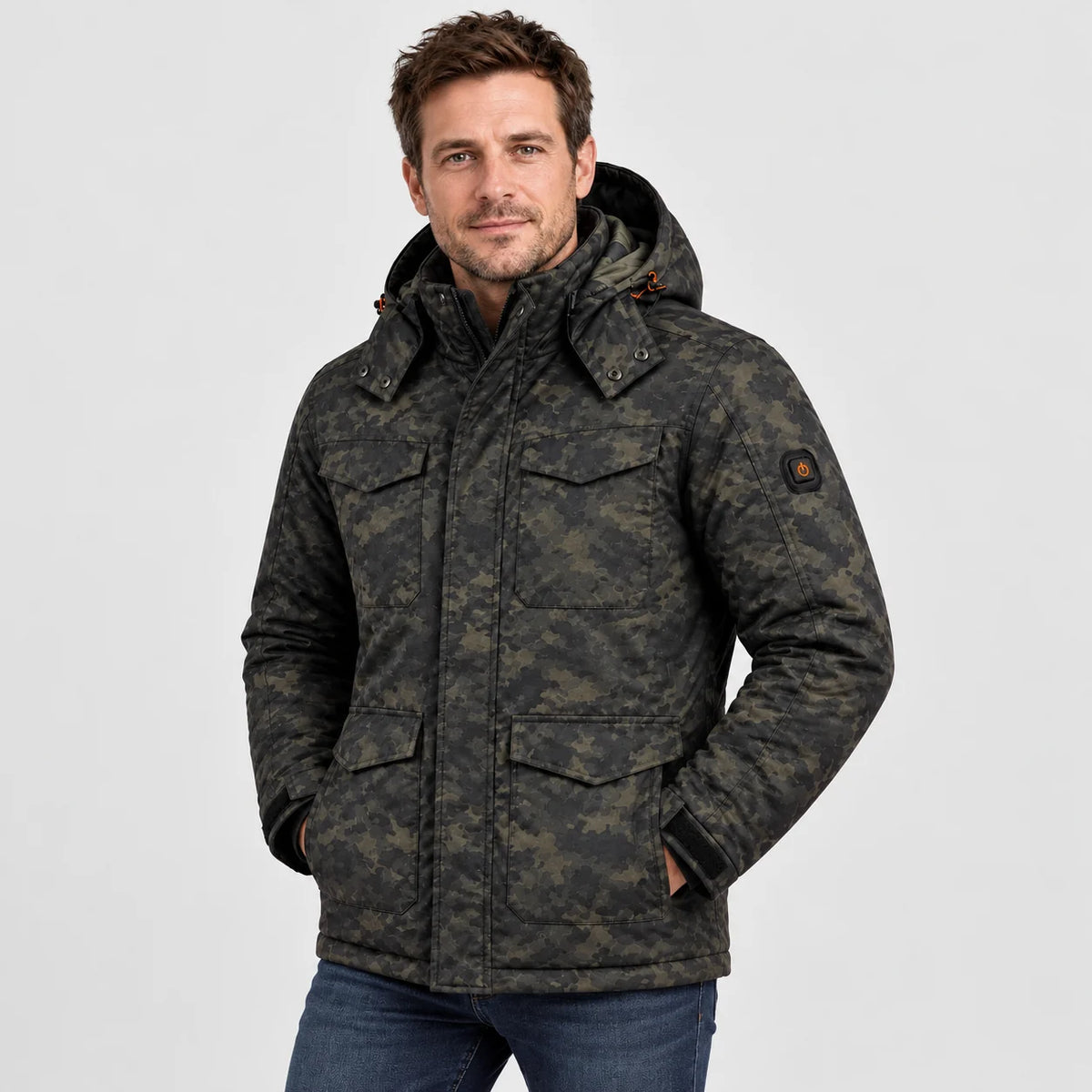Men's heated camo jacket PyreFit Alpino, worn, front view
