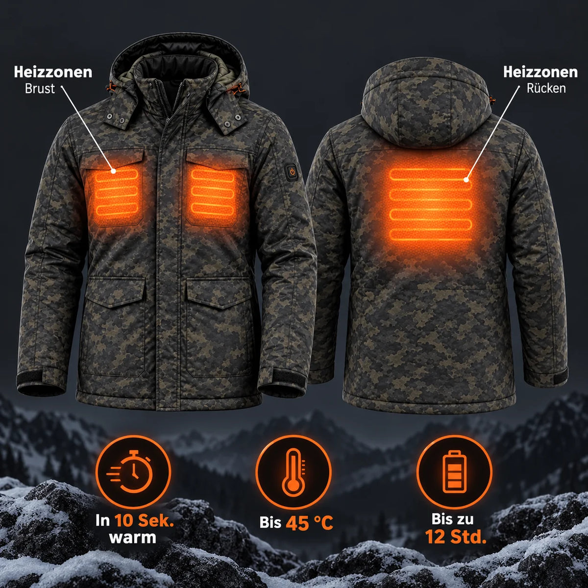 Manteau chauffant camouflage pour homme PyreFit Alpino : zones chauffantes à la poitrine et au dos