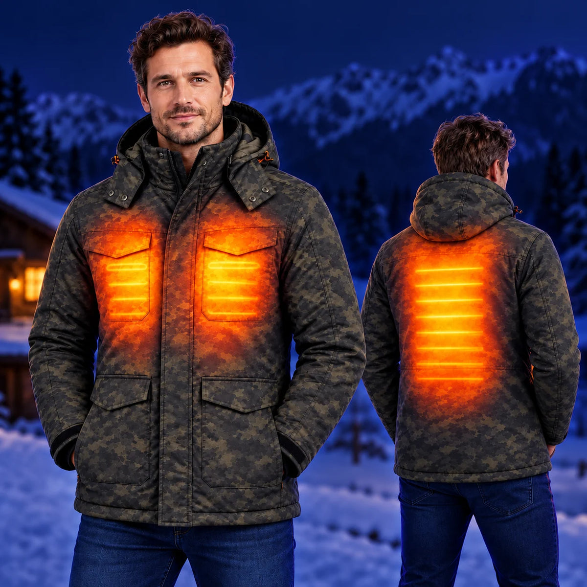 Men's heated camo jacket PyreFit Alpino – warmth across the chest and back