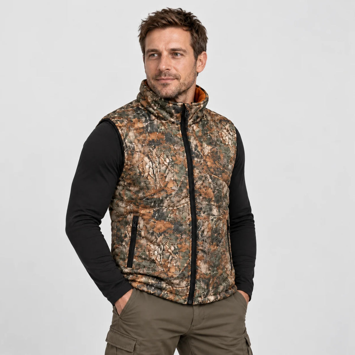 Veste chauffante sans manches réversible PyreFit Altor, portée, vue de face