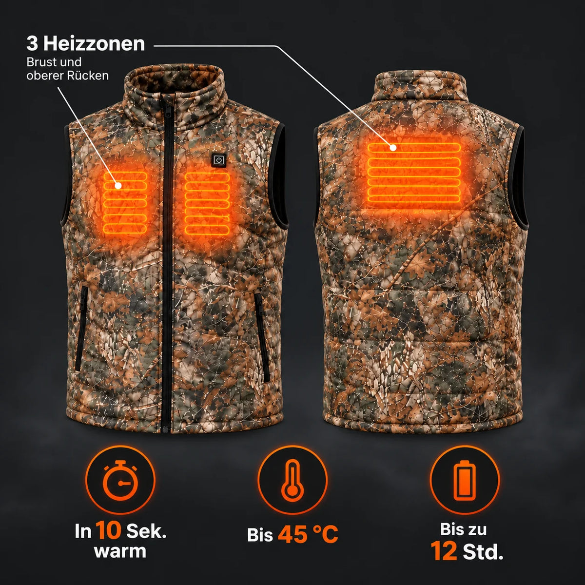 Veste chauffante sans manches réversible PyreFit Altor : 3 zones chauffantes à la poitrine et au haut du dos