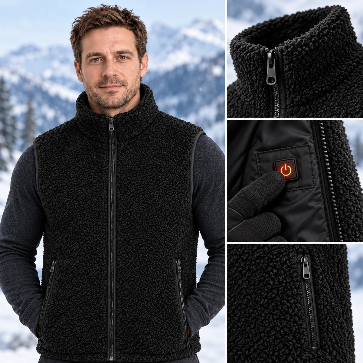 Heated sherpa vest PyreFit Amparo, control button close-up