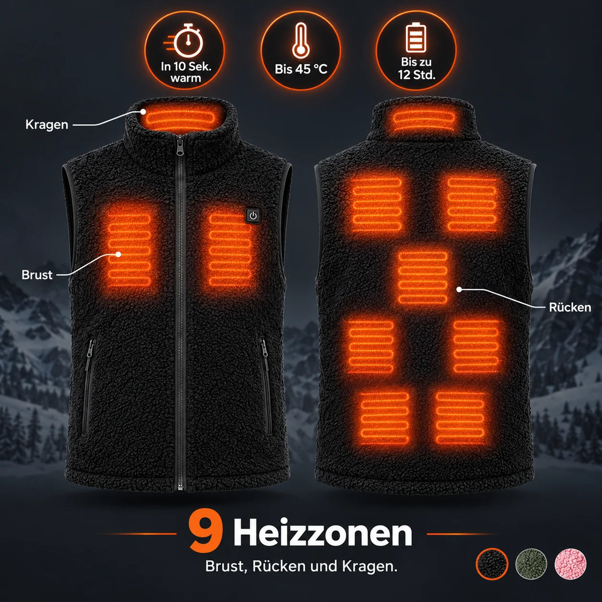 Veste chauffante sans manches en sherpa PyreFit Amparo : 9 zones chauffantes à la poitrine, au dos et au col