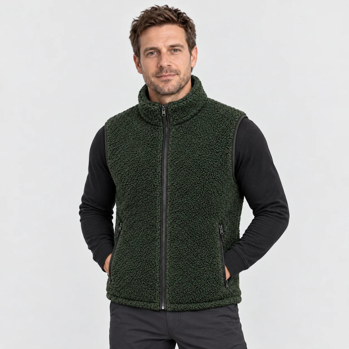 Heated sherpa vest PyreFit Amparo in green, front view