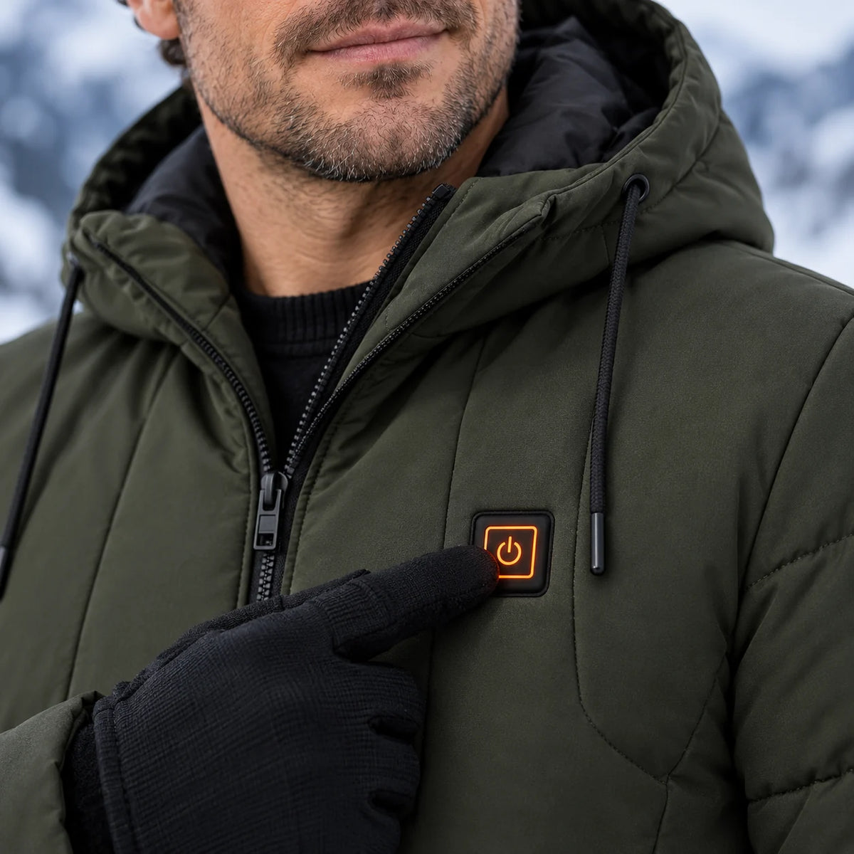 Men's heated jacket PyreFit Apexia, control button close-up