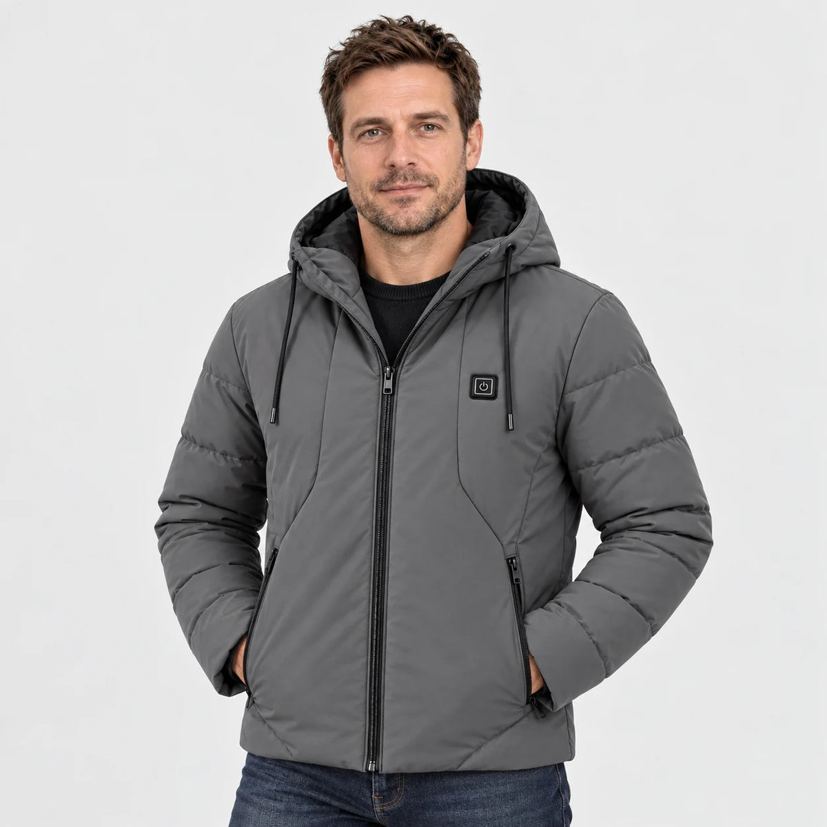 Men's heated jacket PyreFit Apexia in grey, front view