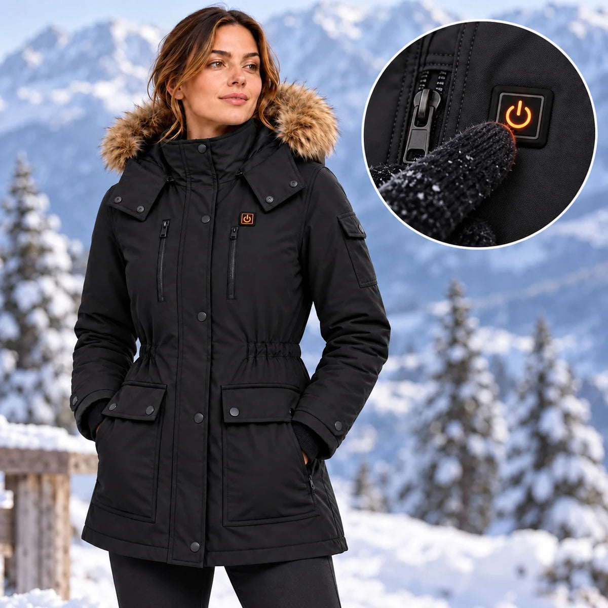 Manteau d'hiver chauffant pour femme PyreFit Apexor en noir, gros plan sur le bouton de commande