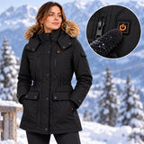 Manteau d'hiver chauffant pour femme PyreFit Apexor en noir, gros plan sur le bouton de commande