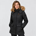 Manteau d'hiver chauffant pour femme PyreFit Apexor en noir, vue de face, porté